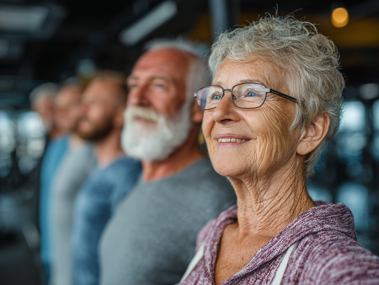 Группа активных людей старшего возраста занимается танцевальной терапией в светлой студии