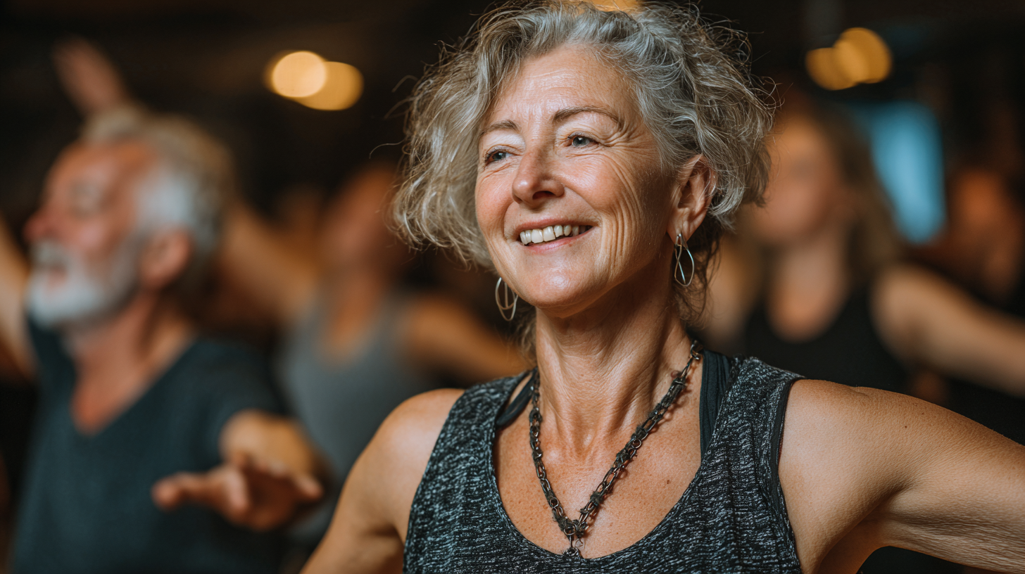 Радостные люди старшего возраста во время группового занятия танцевальной терапией